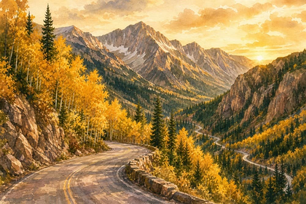 A Colorado mountain pass switchbacking through golden aspens at sunset