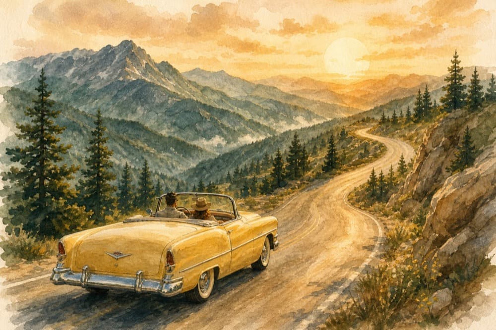 A vintage convertible climbing a golden-hour mountain road